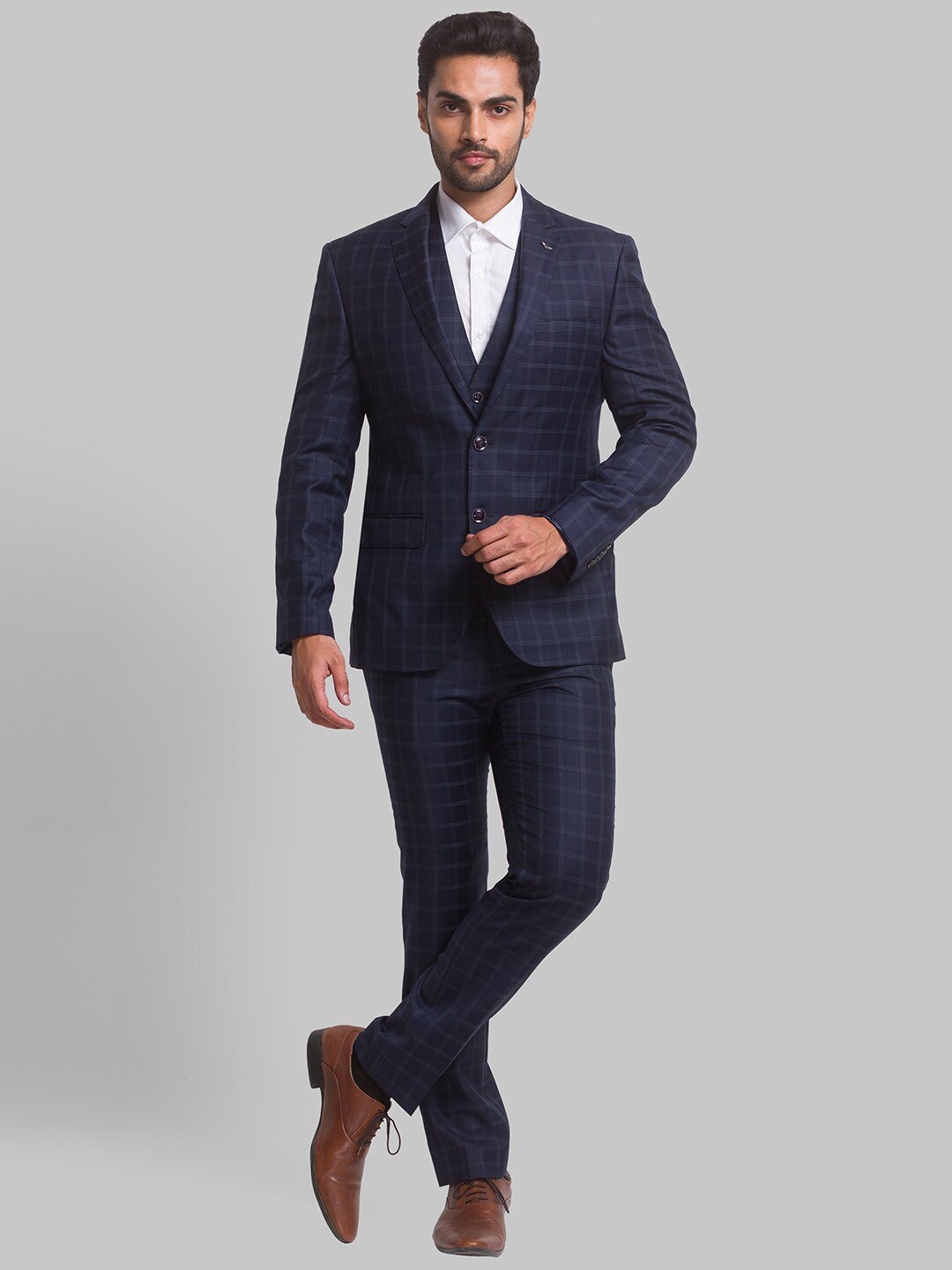

Park Avenue Men Checked Single-Breasted Super Slim-Fit 3-Piece Suit, Blue