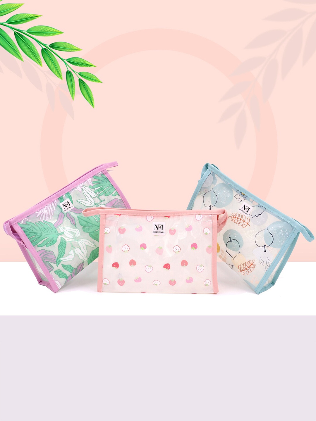 

NFI essentials Women Set Of 2 Printed Travel Makeup Pouches, Pink