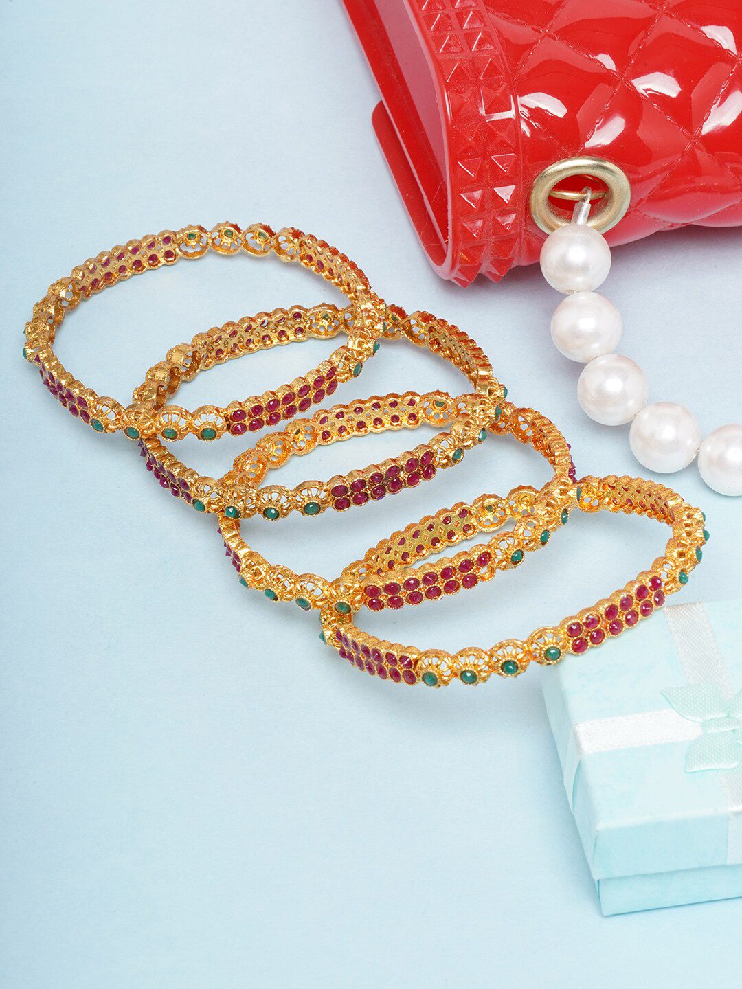 

Anouk Women Set Of 4 Brass Stone Studded Gold-Plated Bangles