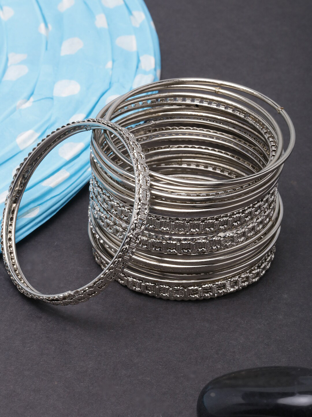 

Anouk Women 18 Pieces Brass Silver-Plated Bangle