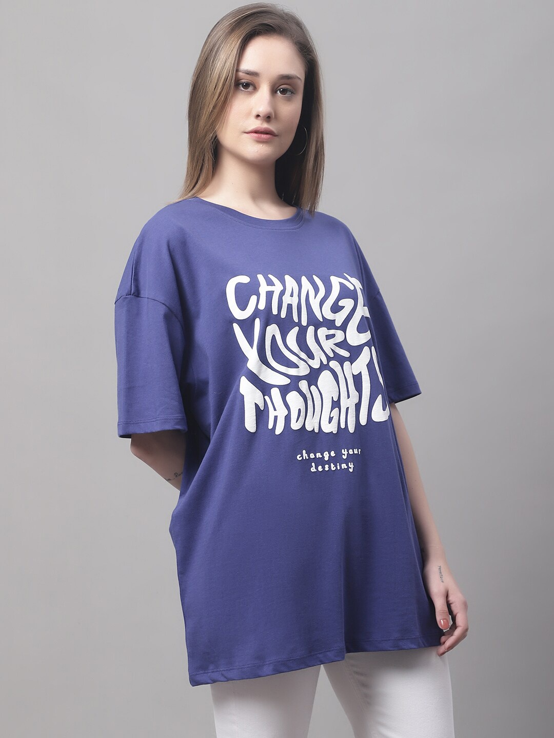 

DOOR74 Women Typography Printed Round Neck Cotton Oversize T-shirt, Navy blue