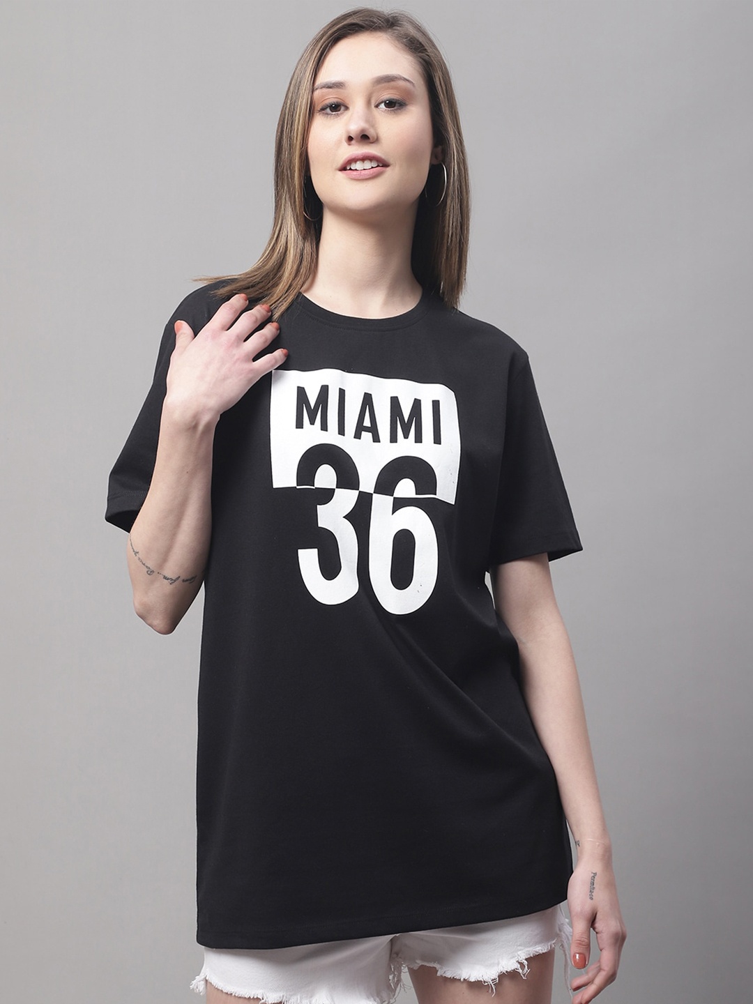 DOOR74 Women Typography Printed Round Neck Cotton Oversize T-shirt, Black