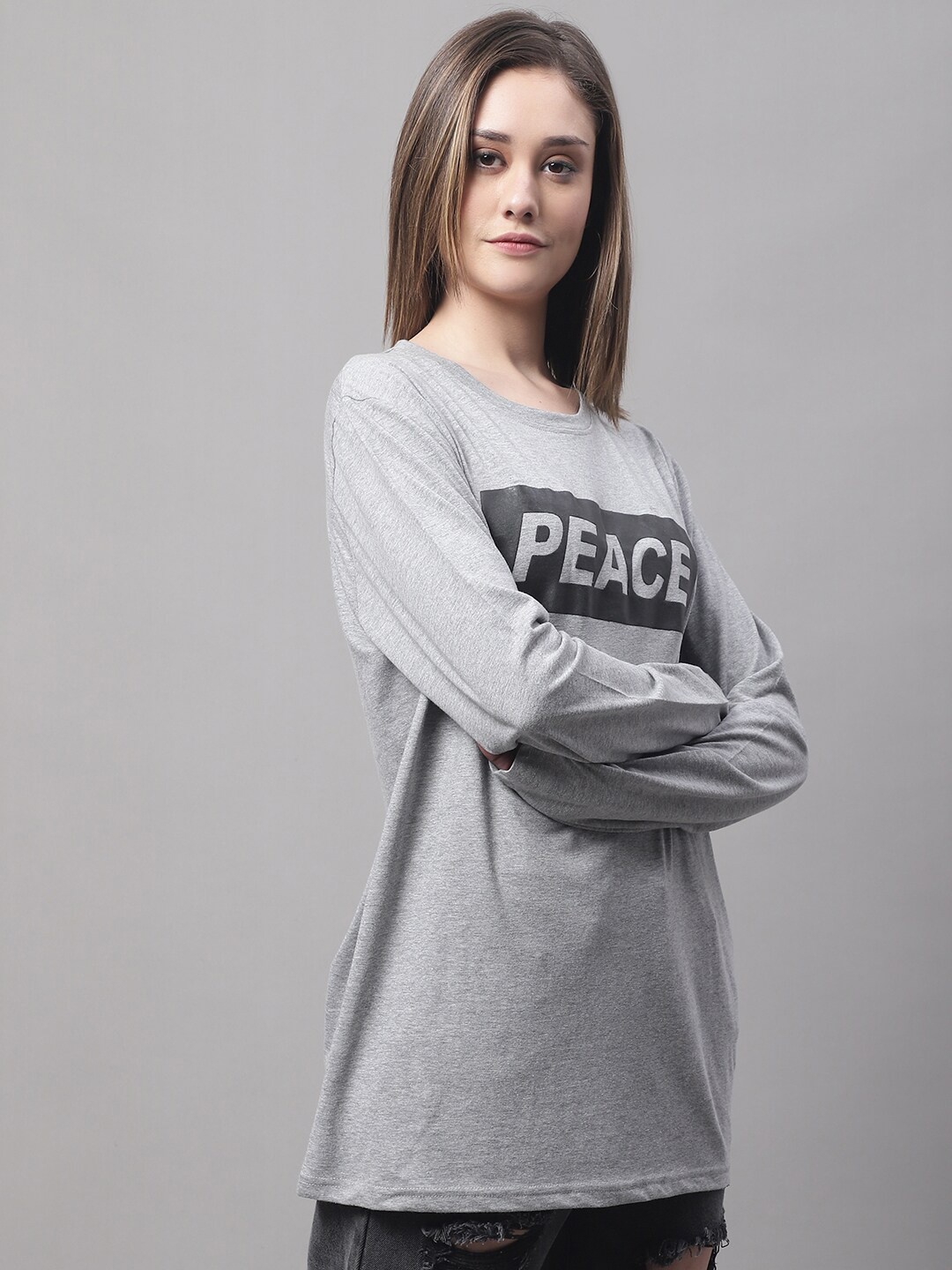 

DOOR74 Women Typography Printed Oversize Cotton T-shirt, Grey melange