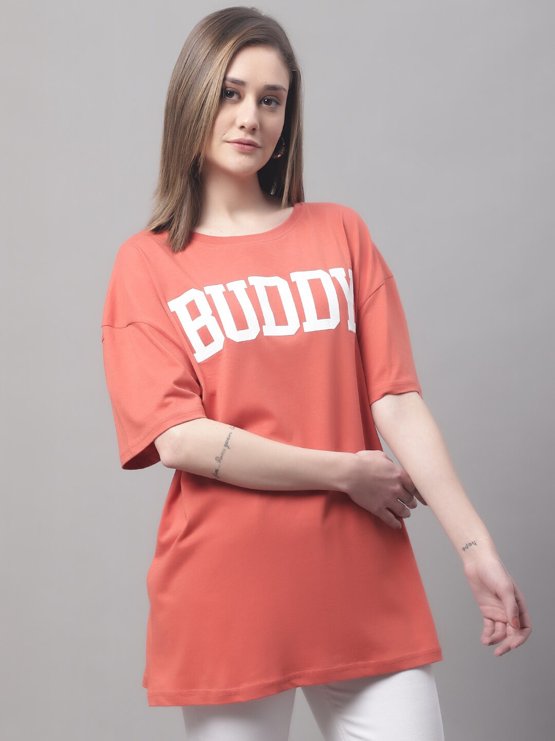

DOOR74 Women Typography Printed Oversize Cotton T-shirt, Rust