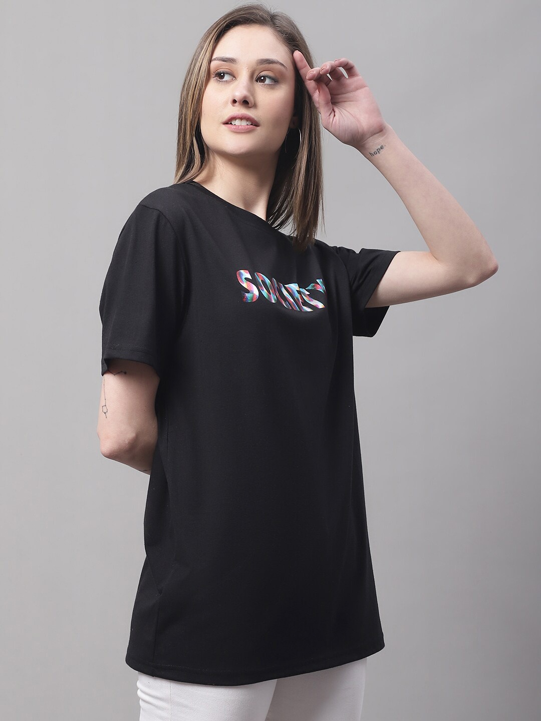 DOOR74 Women Typography Printed Cotton T-shirt, Black