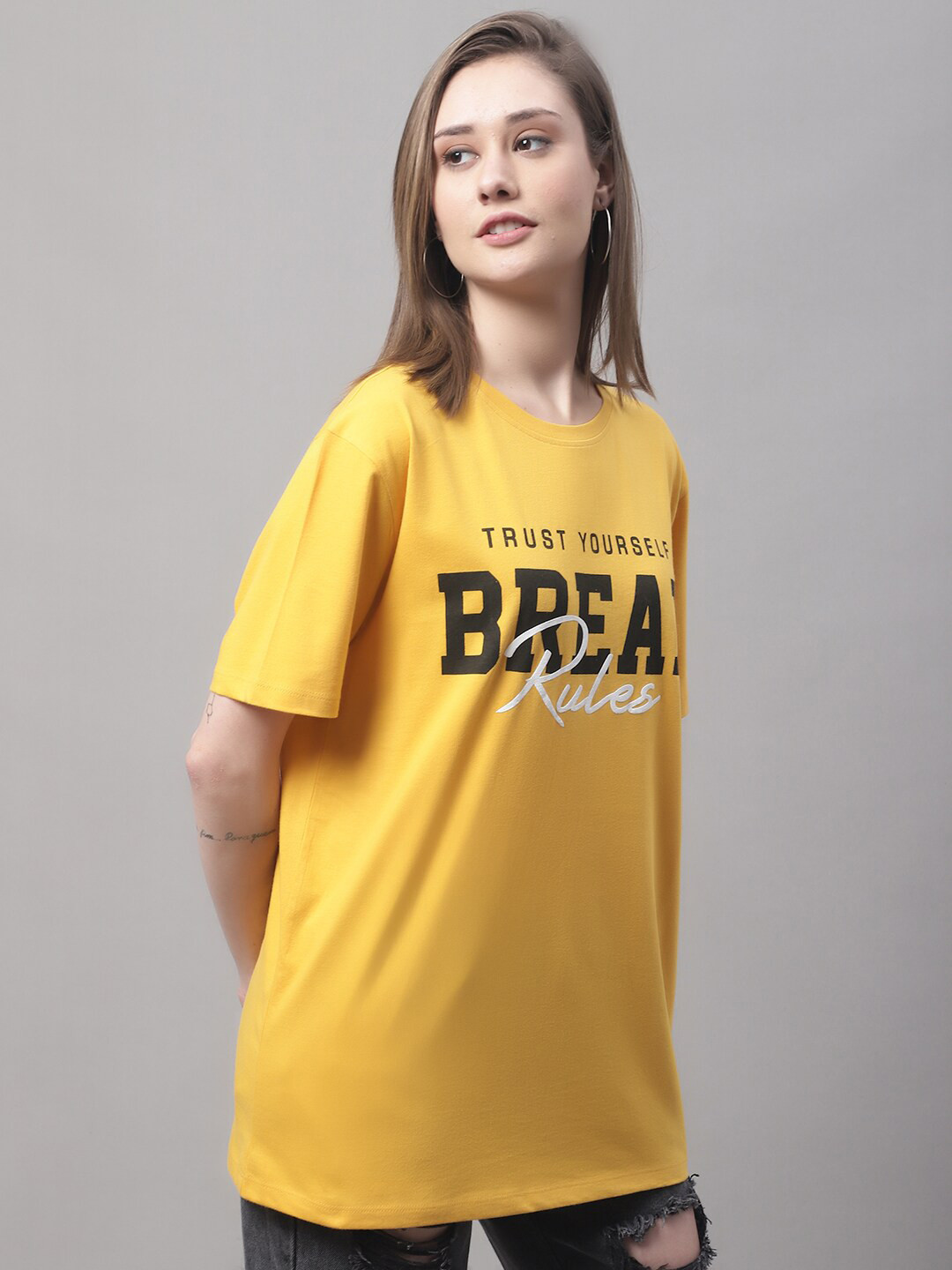 

DOOR74 Women Typography Printed Drop-Shoulder Sleeves Cotton T-shirt, Mustard