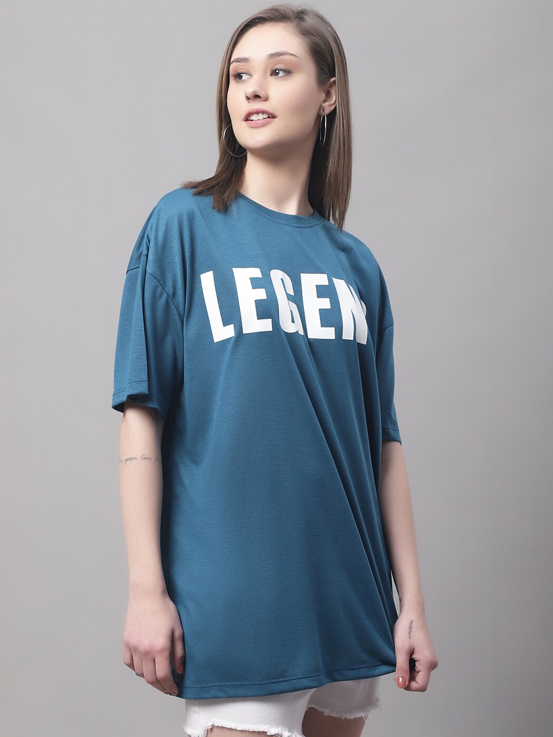 

DOOR74 Women Typography Printed Drop-Shoulder Sleeves Cotton T-shirt, Teal