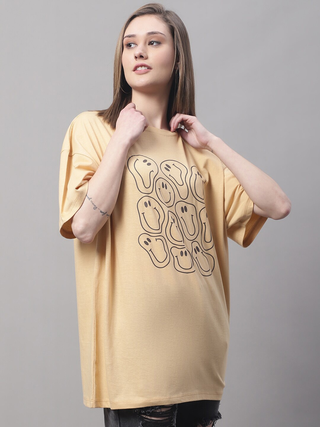 DOOR74 Women Printed Drop-Shoulder Sleeves Cotton T-shirt, Beige