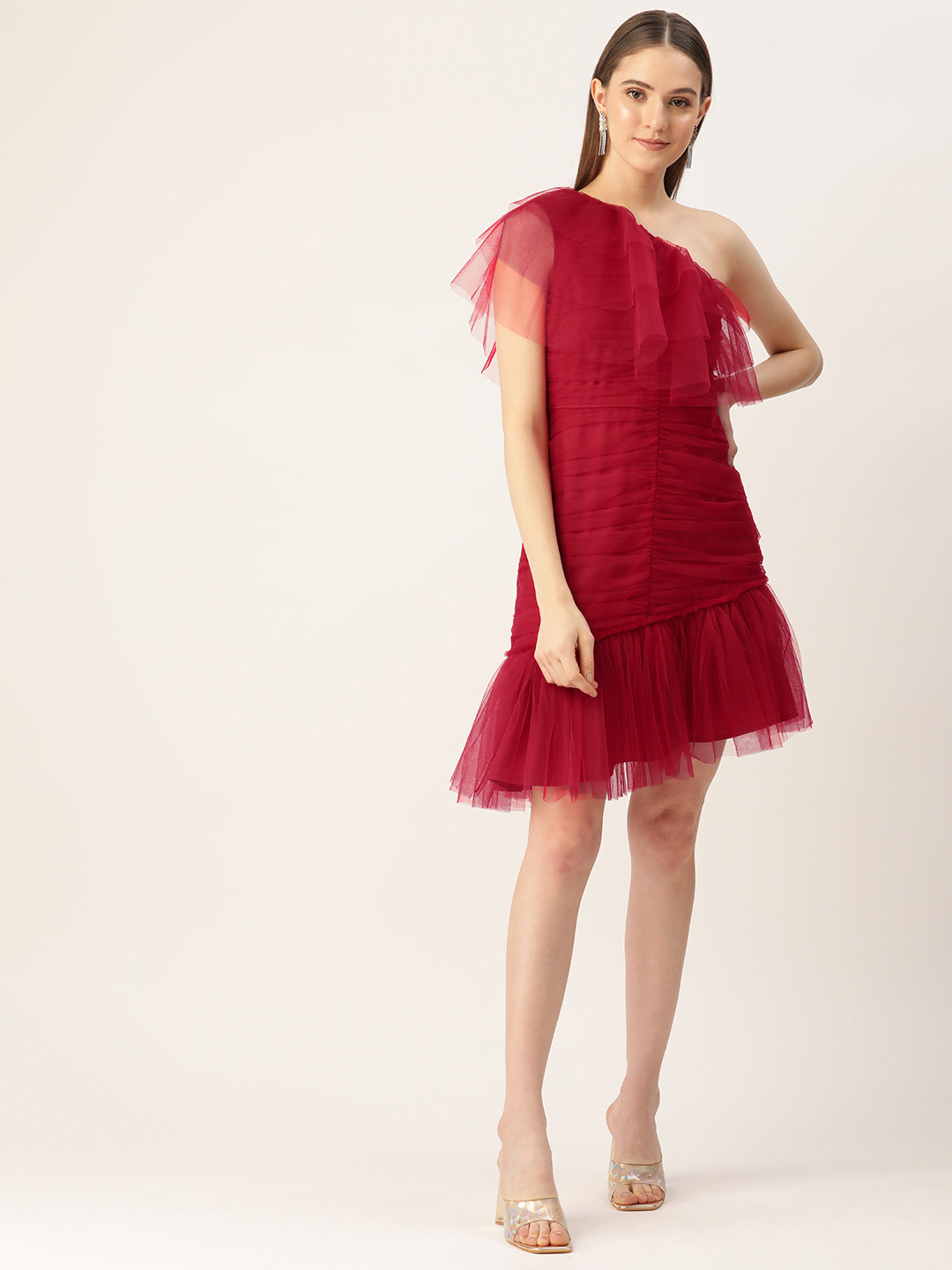 

Antheaa One Shoulder Layered Chiffon A-Line Dress, Red