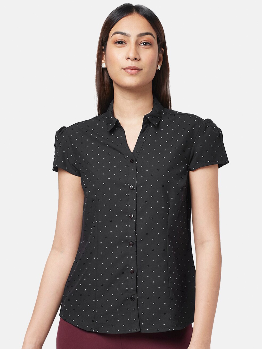 

Annabelle by Pantaloons Women Puff Sleeved Printed Formal Shirt, Black