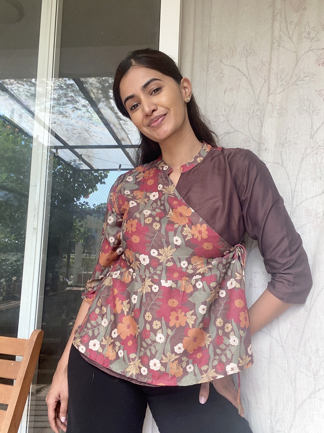 

Saaki Floral Printed Wrap Top, Brown