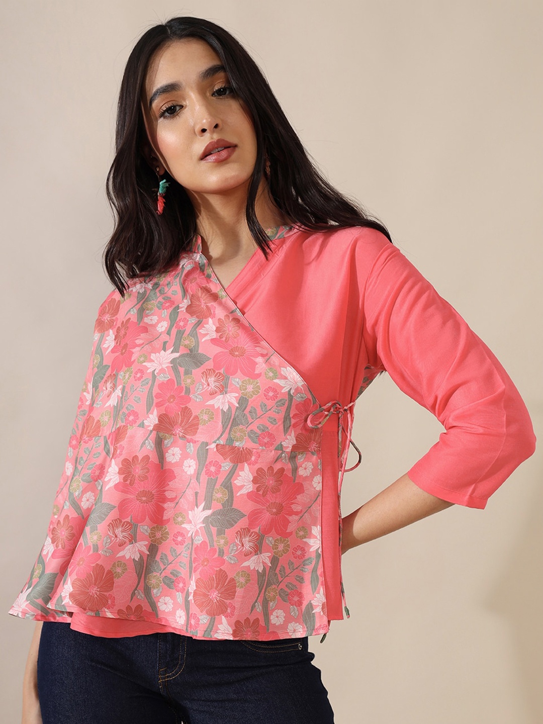 

Saaki Floral Printed Wrap Top, Peach