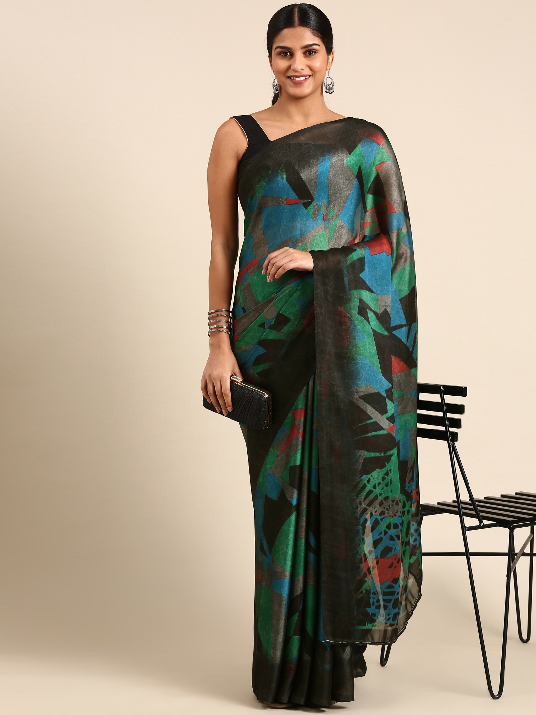 

KALINI Abstract Printed Poly Georgette Mysore Silk Saree, Grey
