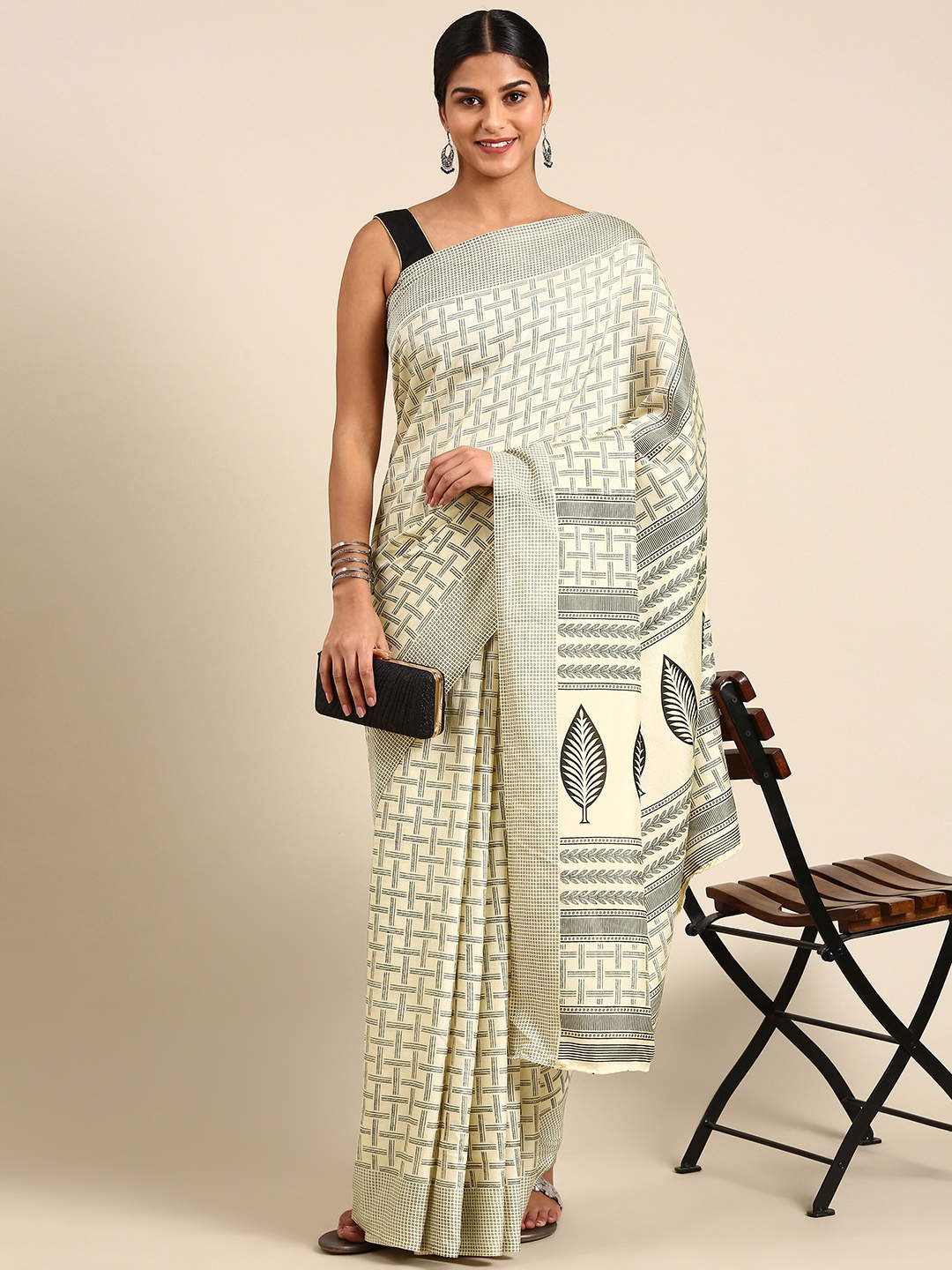 

KALINI Geometric Printed Poly Georgette Mysore Silk Saree, Cream