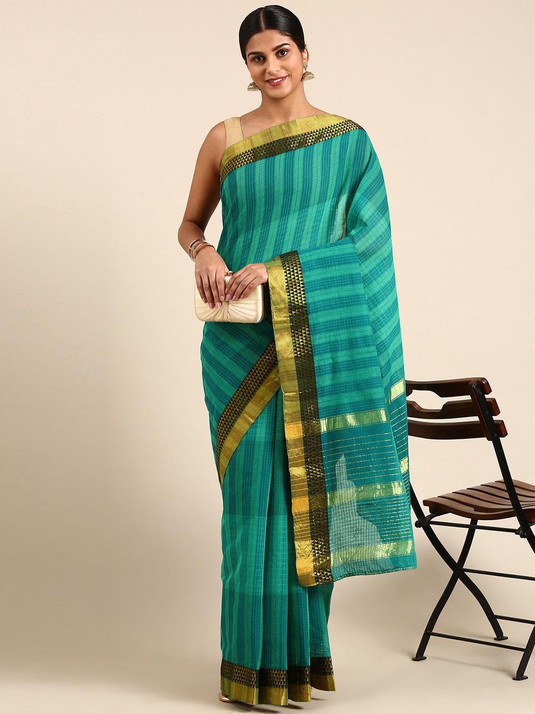 

KALINI Striped Zari Pure Cotton Venkatgiri Saree, Blue