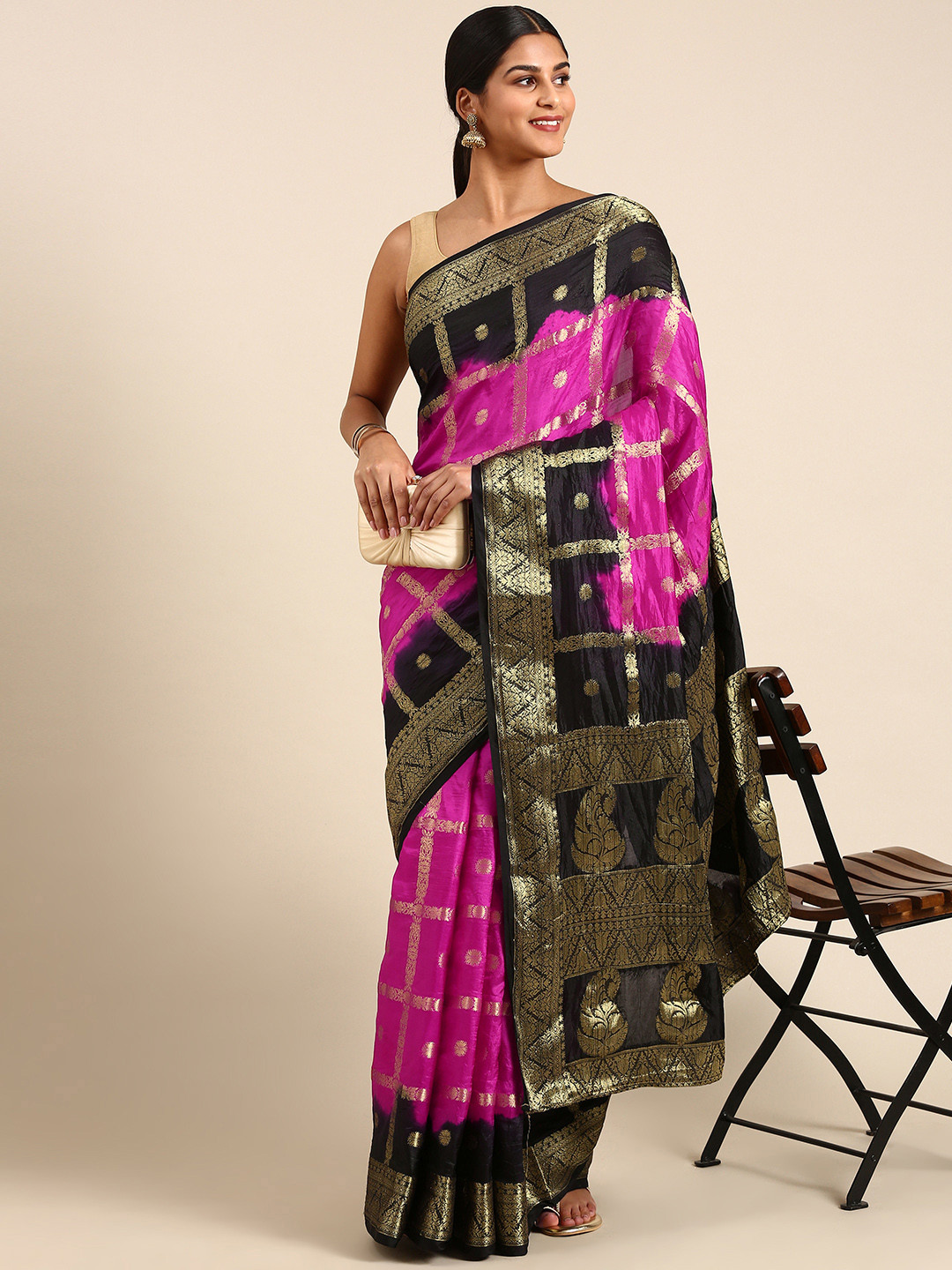 

KALINI Ethnic Motifs Zari Silk Blend Kanjeevaram Saree, Pink