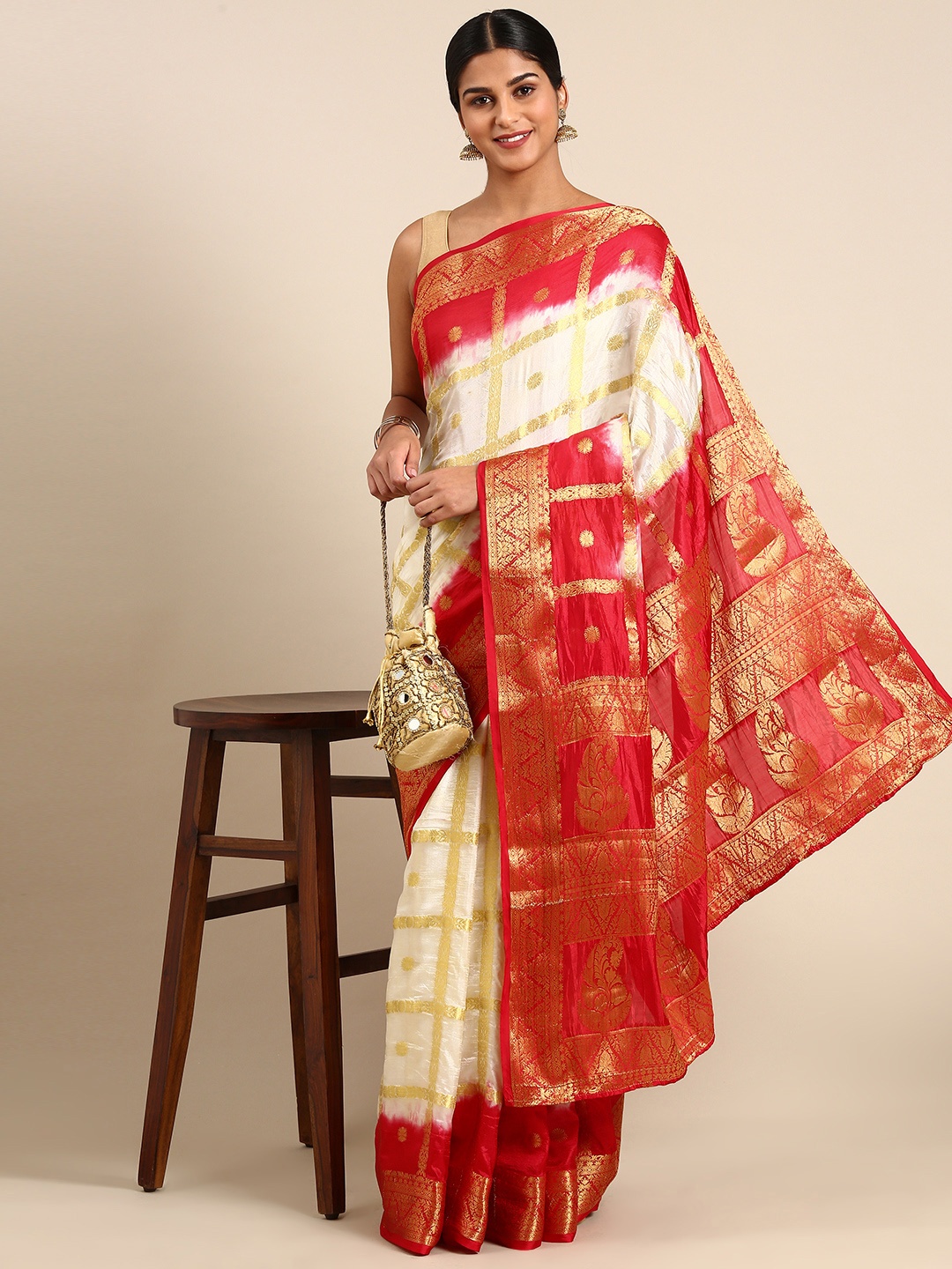 

KALINI Ethnic Motifs Zari Silk Blend Kanjeevaram Saree, White