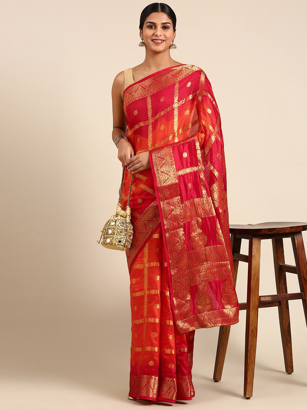 

KALINI Ethnic Motifs Zari Silk Blend Kanjeevaram Saree, Orange