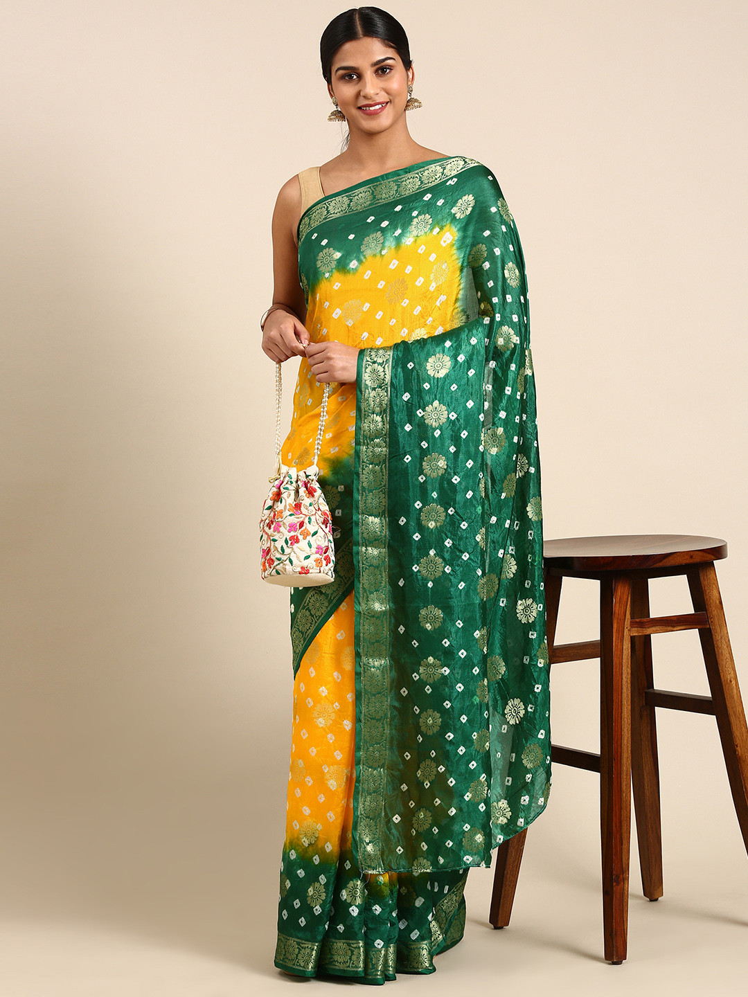 

KALINI Bandhani Printed Zari Art Silk Bandhani Saree, Gold