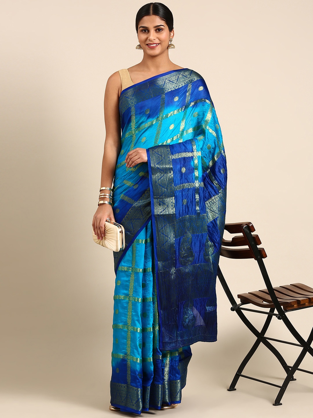 

KALINI Ethnic Motifs Zari Silk Blend Kanjeevaram Saree, Blue