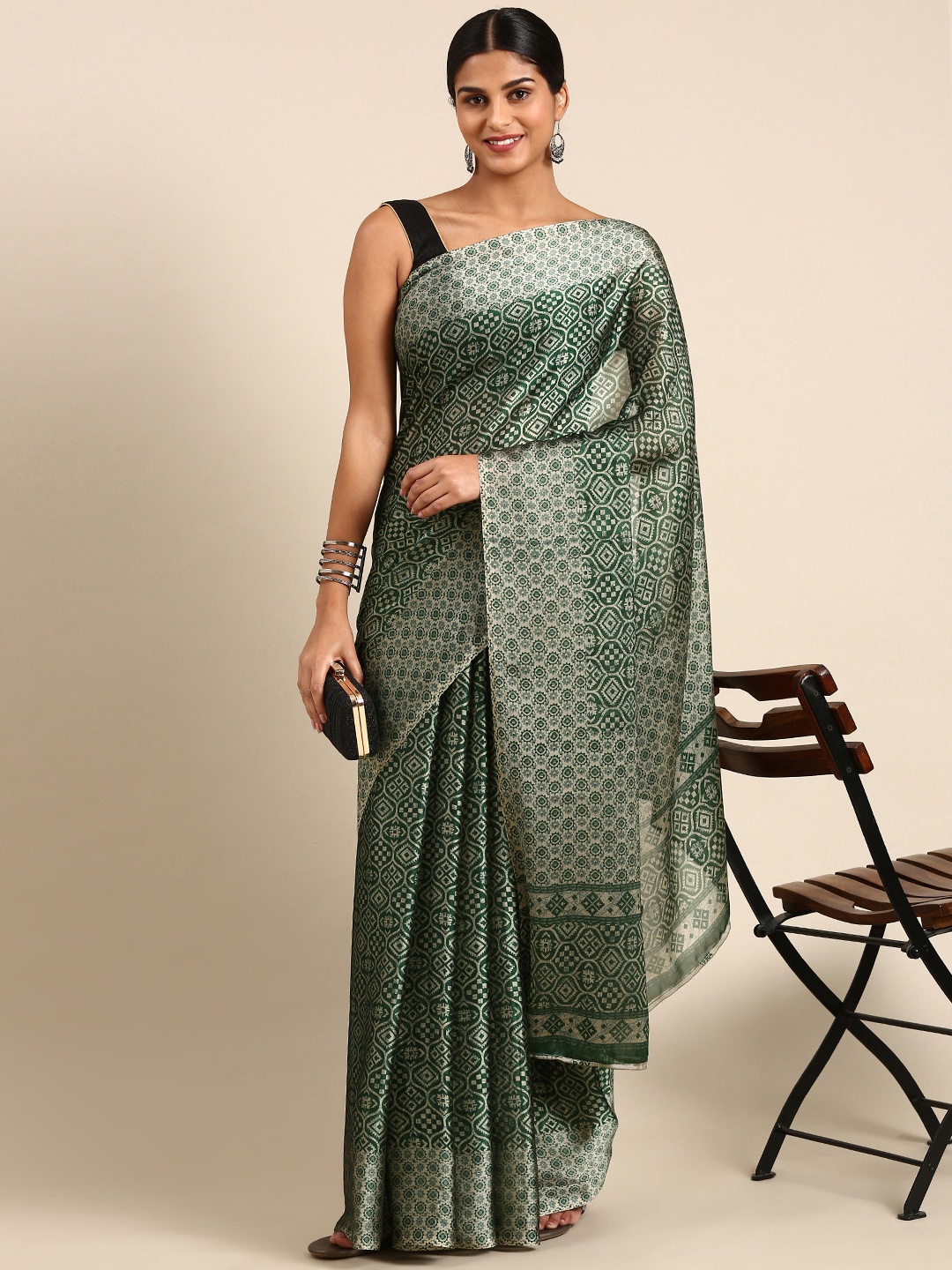 

KALINI Batik Printed Poly Georgette Mysore Silk Saree, Green