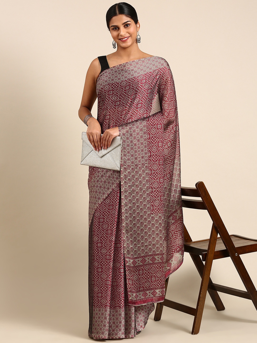 

KALINI Batik Printed Poly Georgette Mysore Silk Saree, Maroon