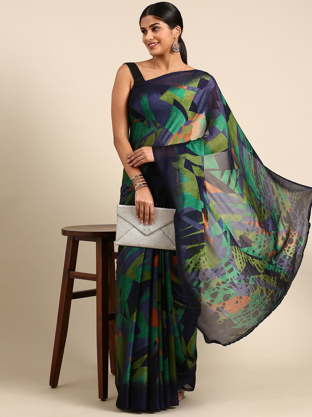 

KALINI Abstract Printed Poly Georgette Mysore Silk Saree, Navy blue