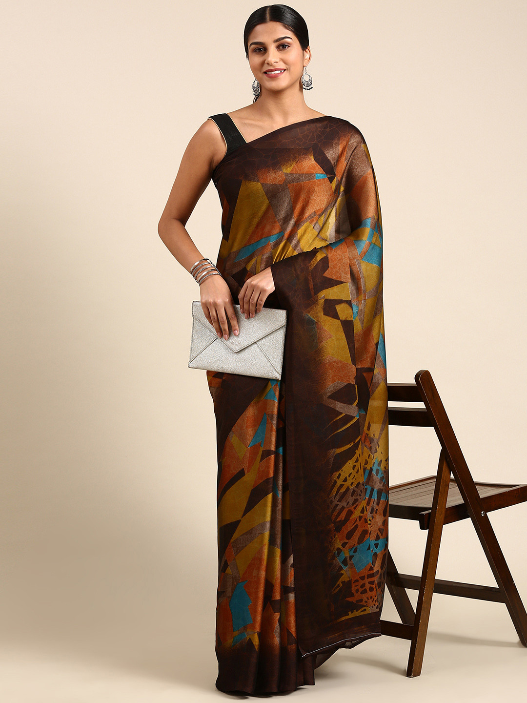 

KALINI Abstract Printed Poly Georgette Mysore Silk Saree, Brown