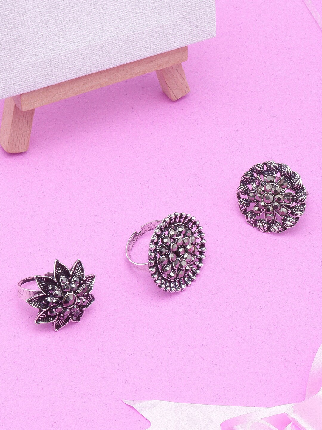 

Anouk Set of 3 Silver-Plated Stone-Studded Finger Ring