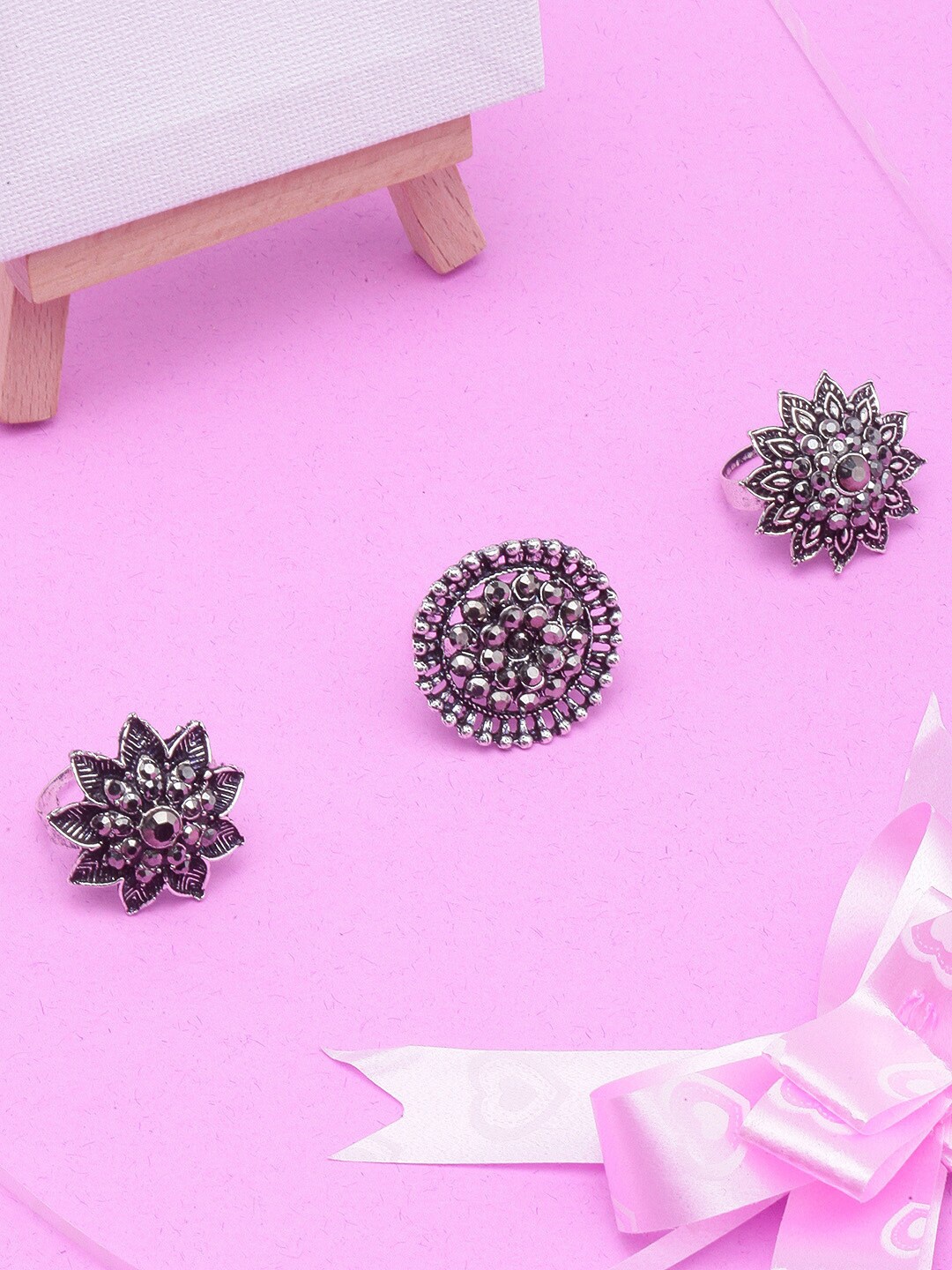 

Anouk Set Of 3 Silver-Plated Stone Studded Finger Ring