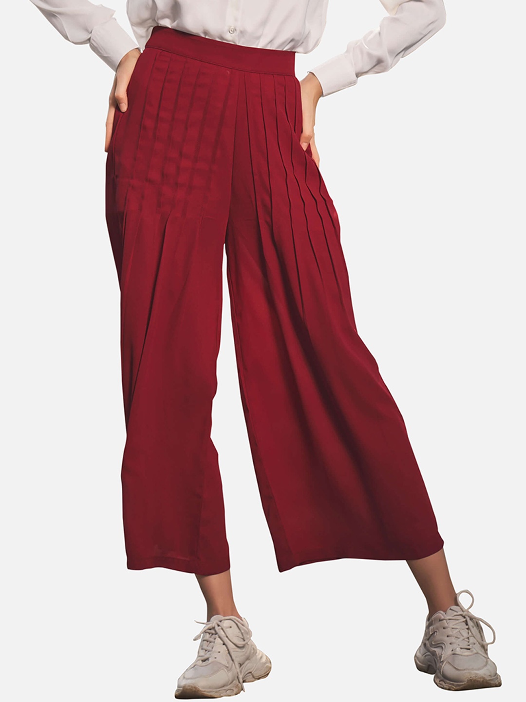 

NEOFAA Women Flared Pleated Parallel Trousers, Maroon