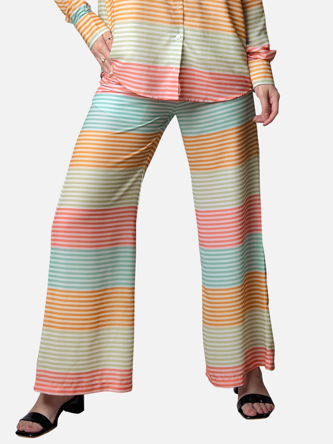 

NEOFAA Women Orange Striped Flared Pleated Trousers
