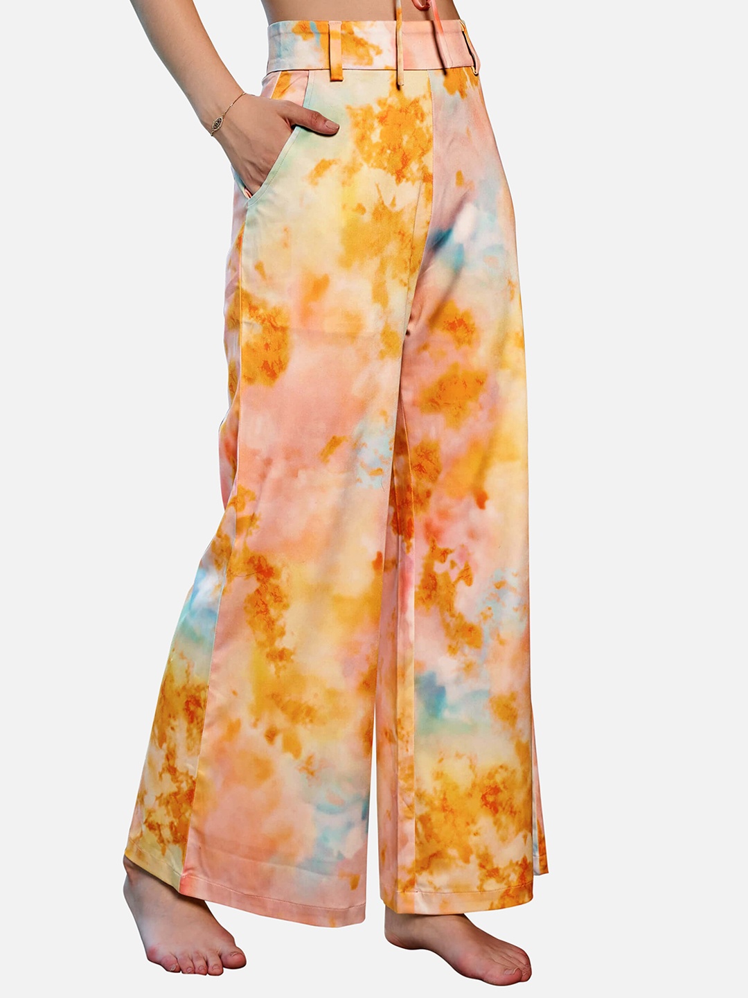 

NEOFAA Women Abstract Printed Flared Lycra Trouser, Orange