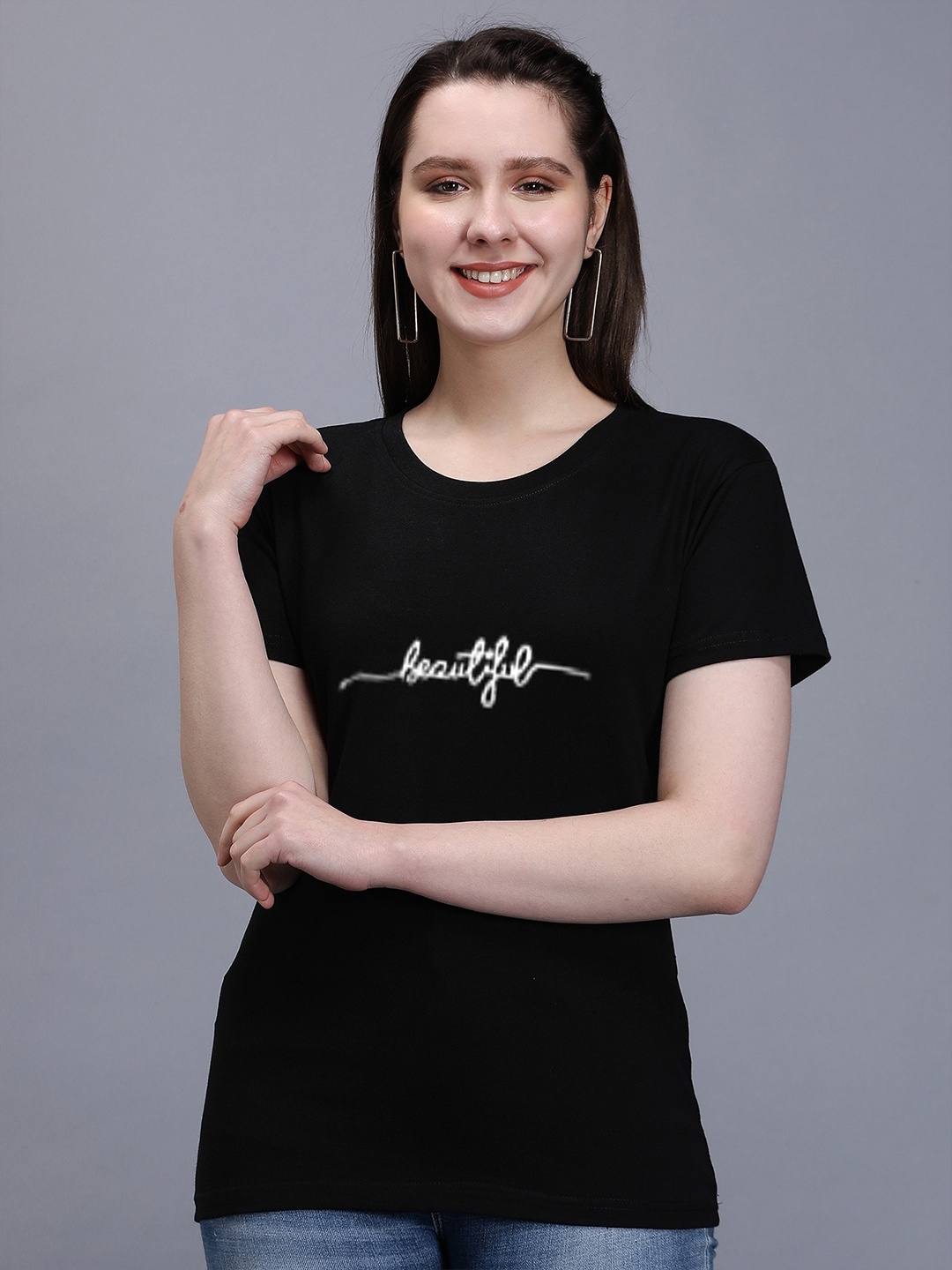 

TRENDY RABBIT Women Typography Printed Cotton T-shirt, Black