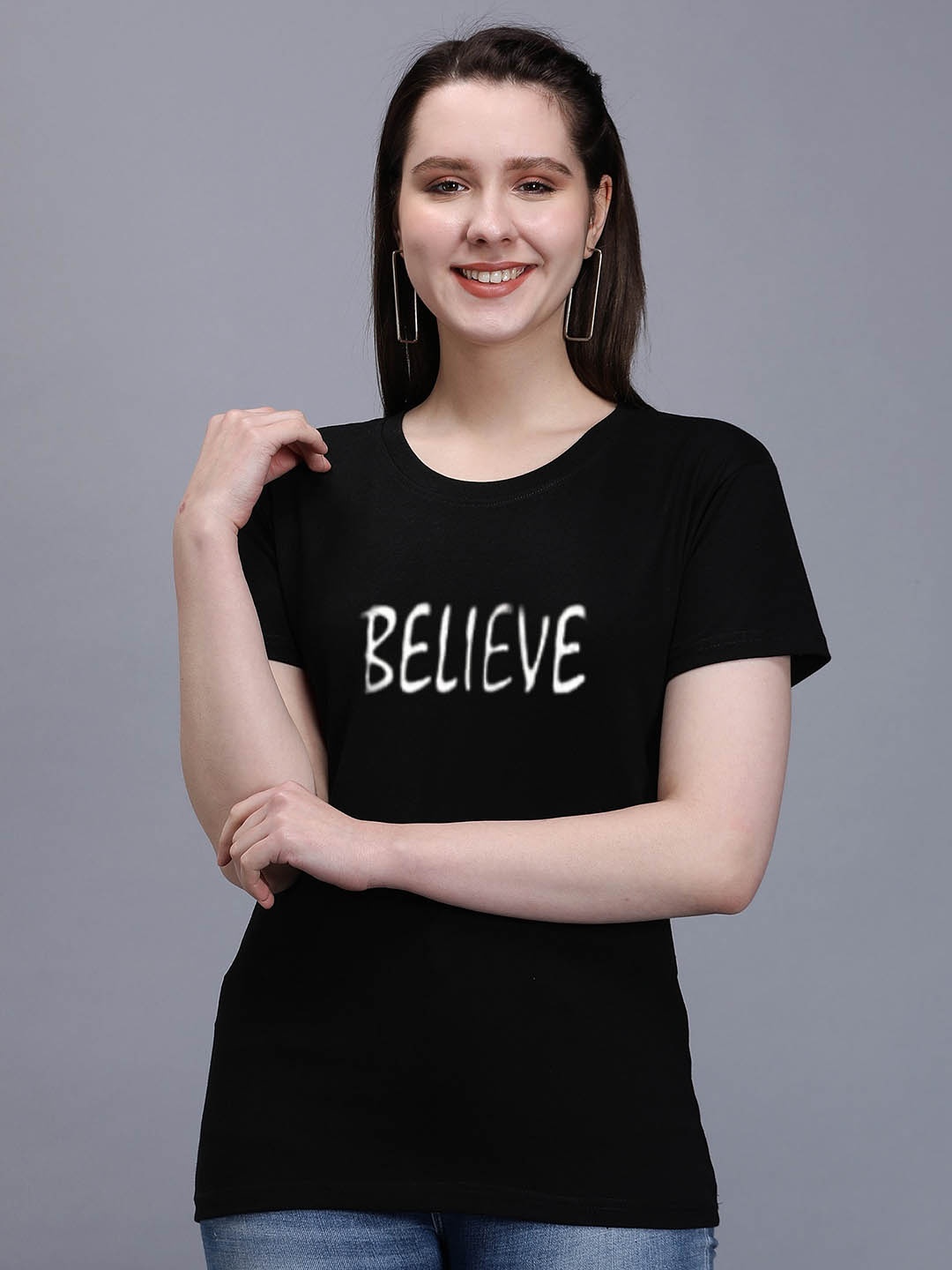 

TRENDY RABBIT Women Typography Cotton T-shirt, Black