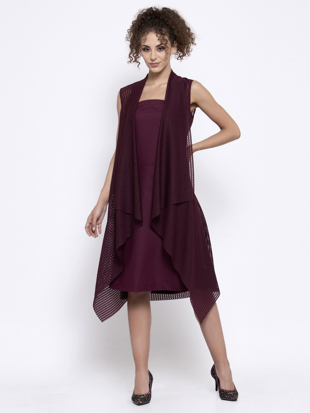 

LELA Women Self Design Geometric sleeveless Longline Waterfall Shrug, Maroon