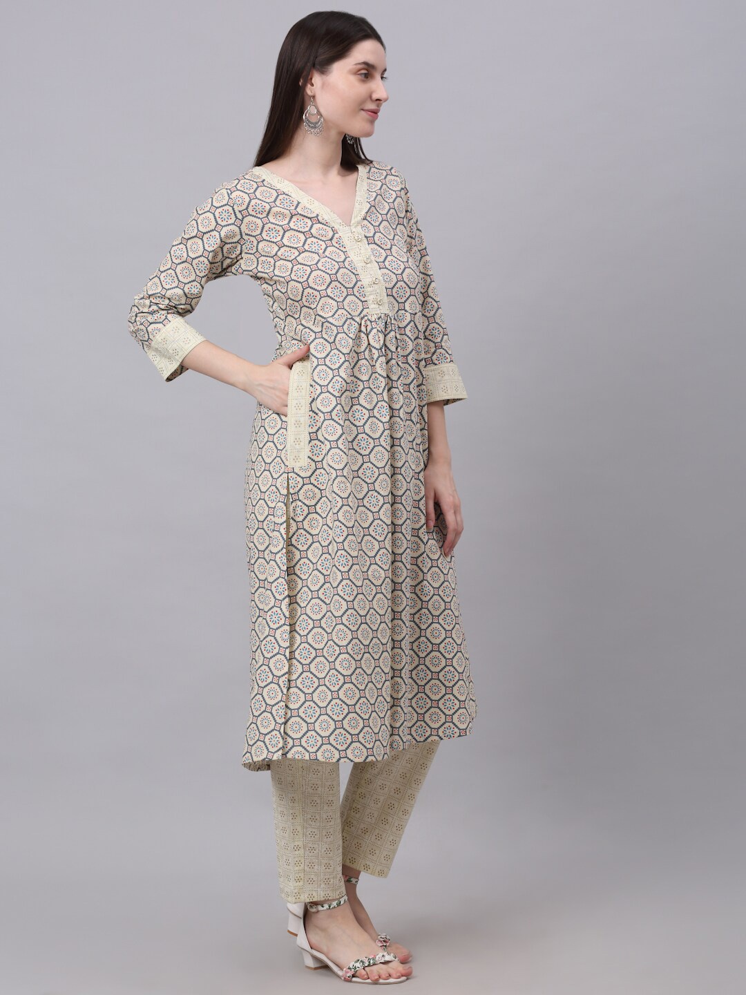 

KALINI Women Ethnic Motifs Printed Pleated Pure Cotton Kurta With Trousers, Beige