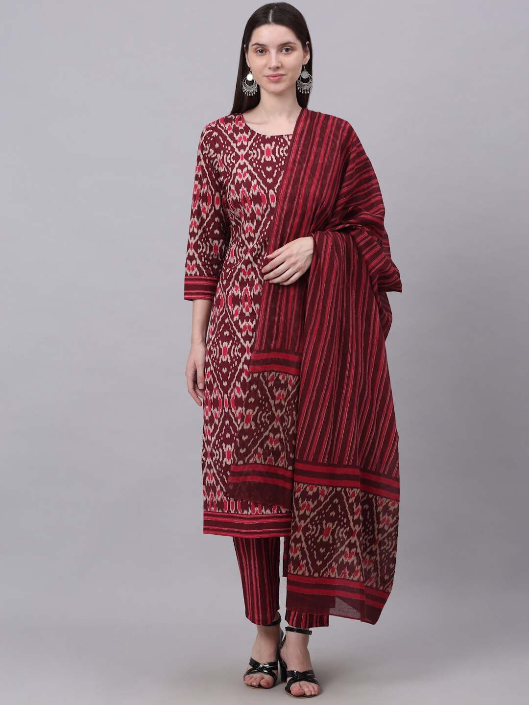 

KALINI Women Ethnic Motifs Printed Pure Cotton Kurta & Trousers With Dupatta, Maroon