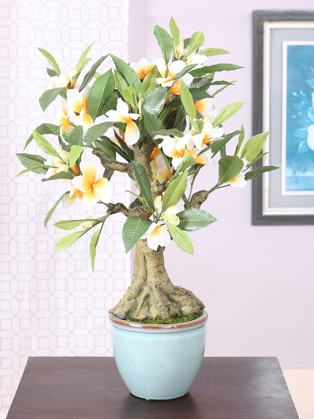 

Fourwalls Green & Yellow Artificial Frangipani Bonsai Plant, Blue