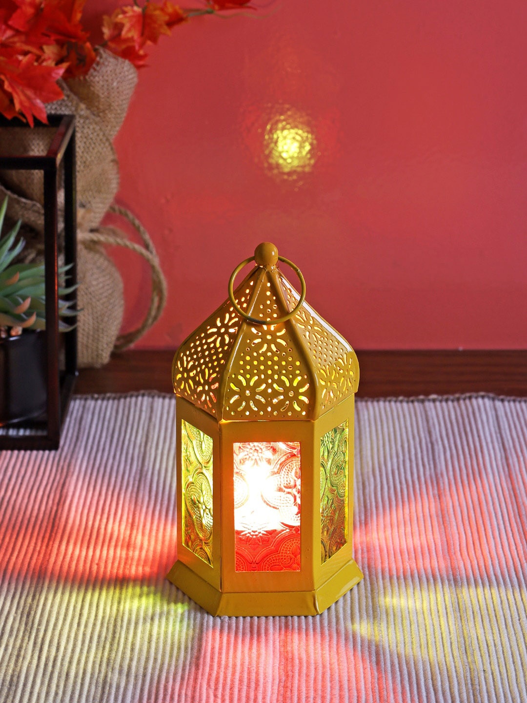 

TAYHAA Yellow Metal & Glass Laser Cut Textured Morrocan Lantern