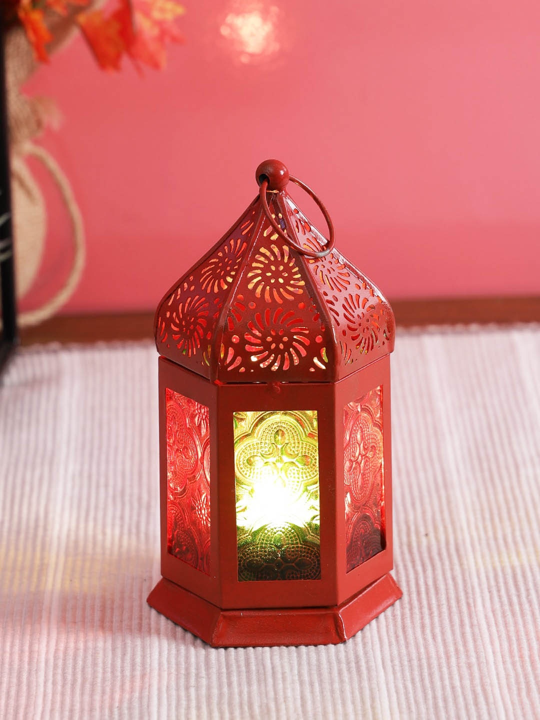 

TAYHAA Red Textured Metal & Glass Morrocan Cylinder Lantern