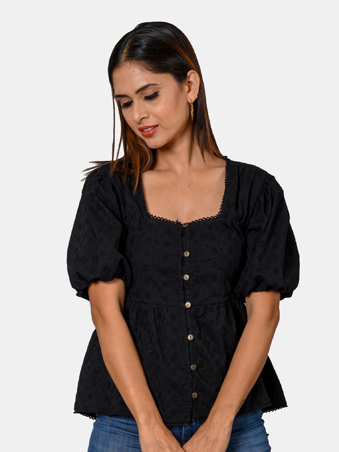 

WESTIFIED Schiffli Cinched Waist Pure Cotton Top, Black