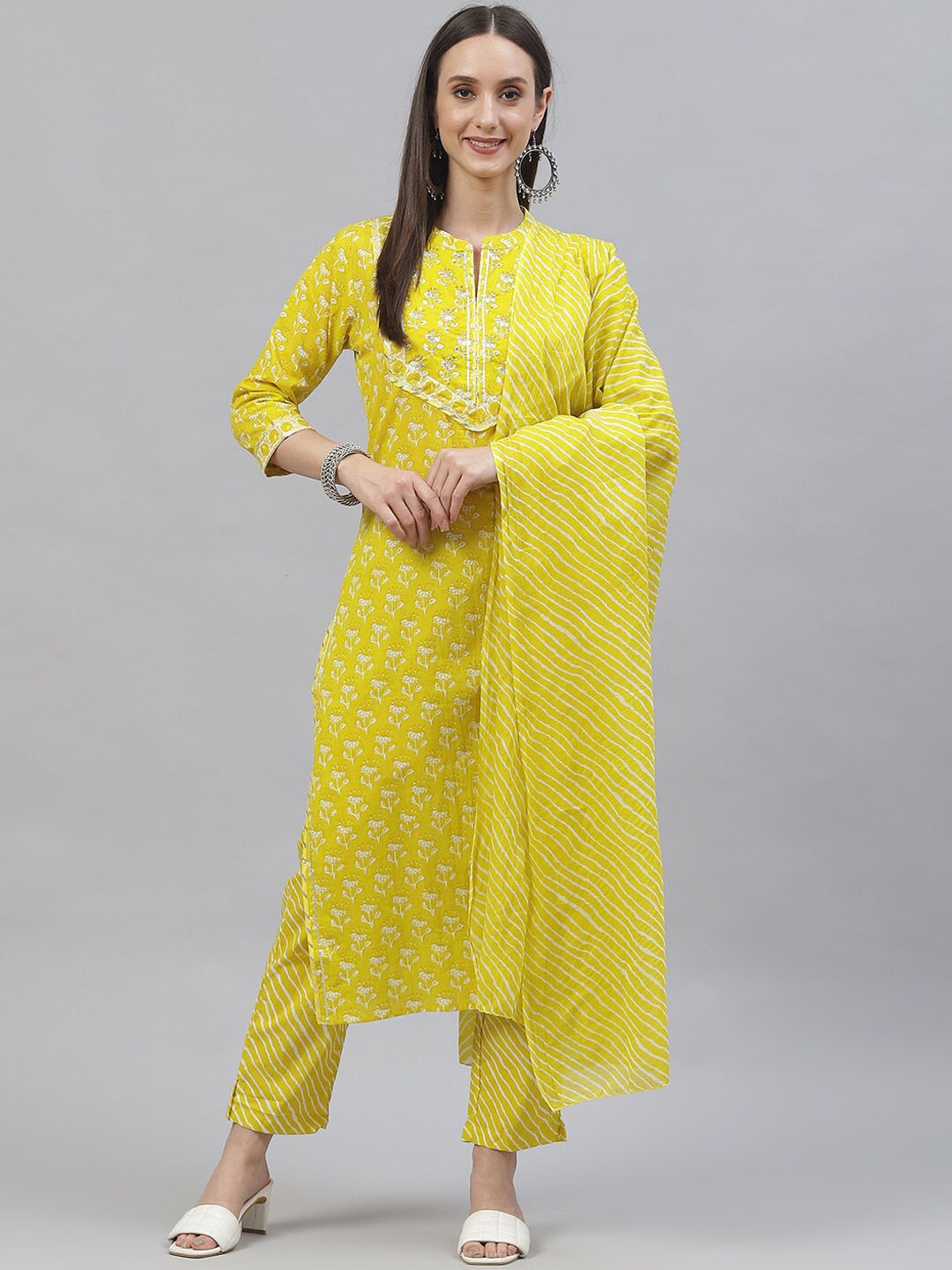 

INDYES Yoke Design Gotta Patti Pure Cotton Kurta with Trousers & Dupatta, Yellow