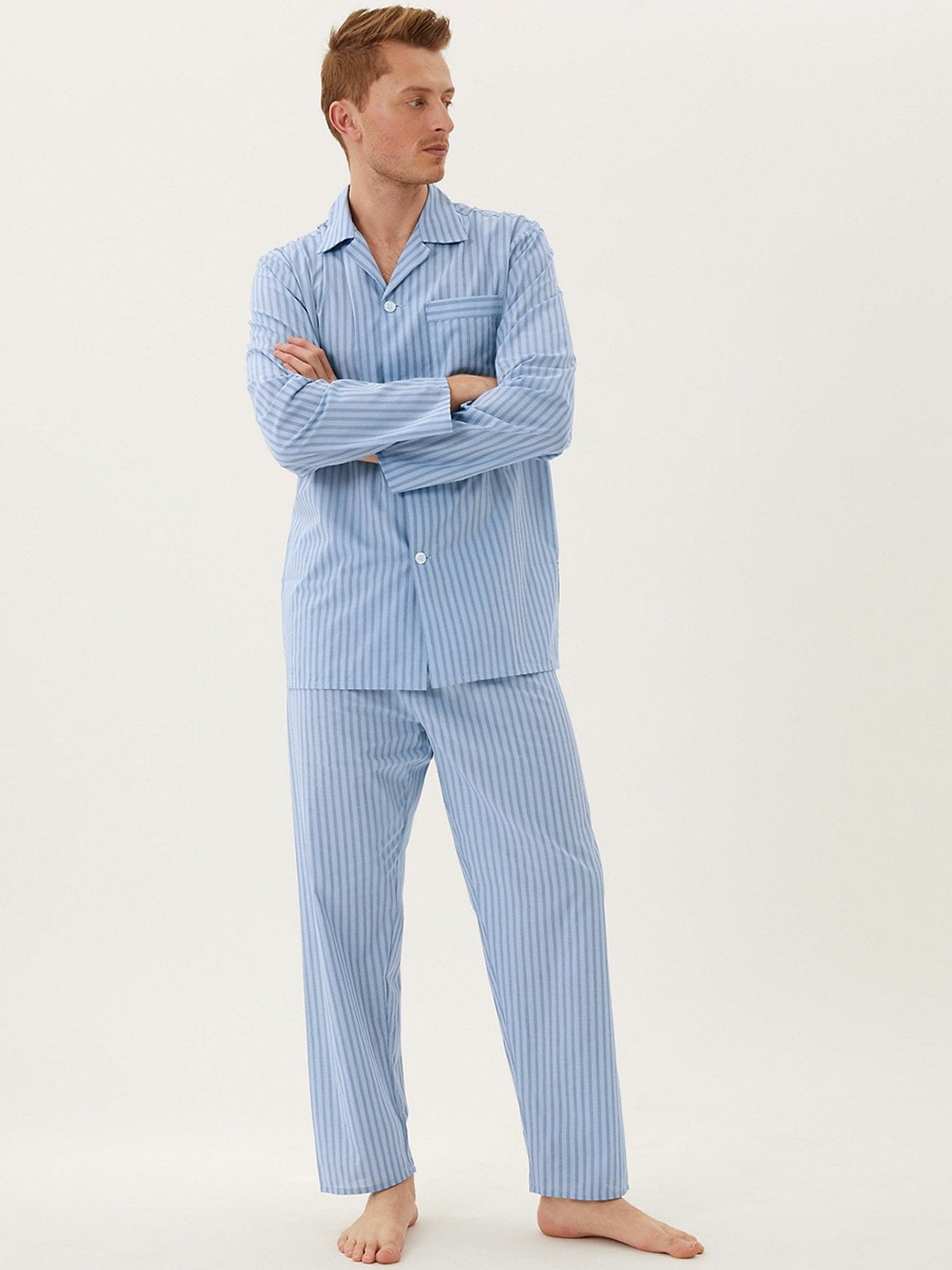 

Marks & Spencer Men 2 Pieces Striped Night Suit, Blue