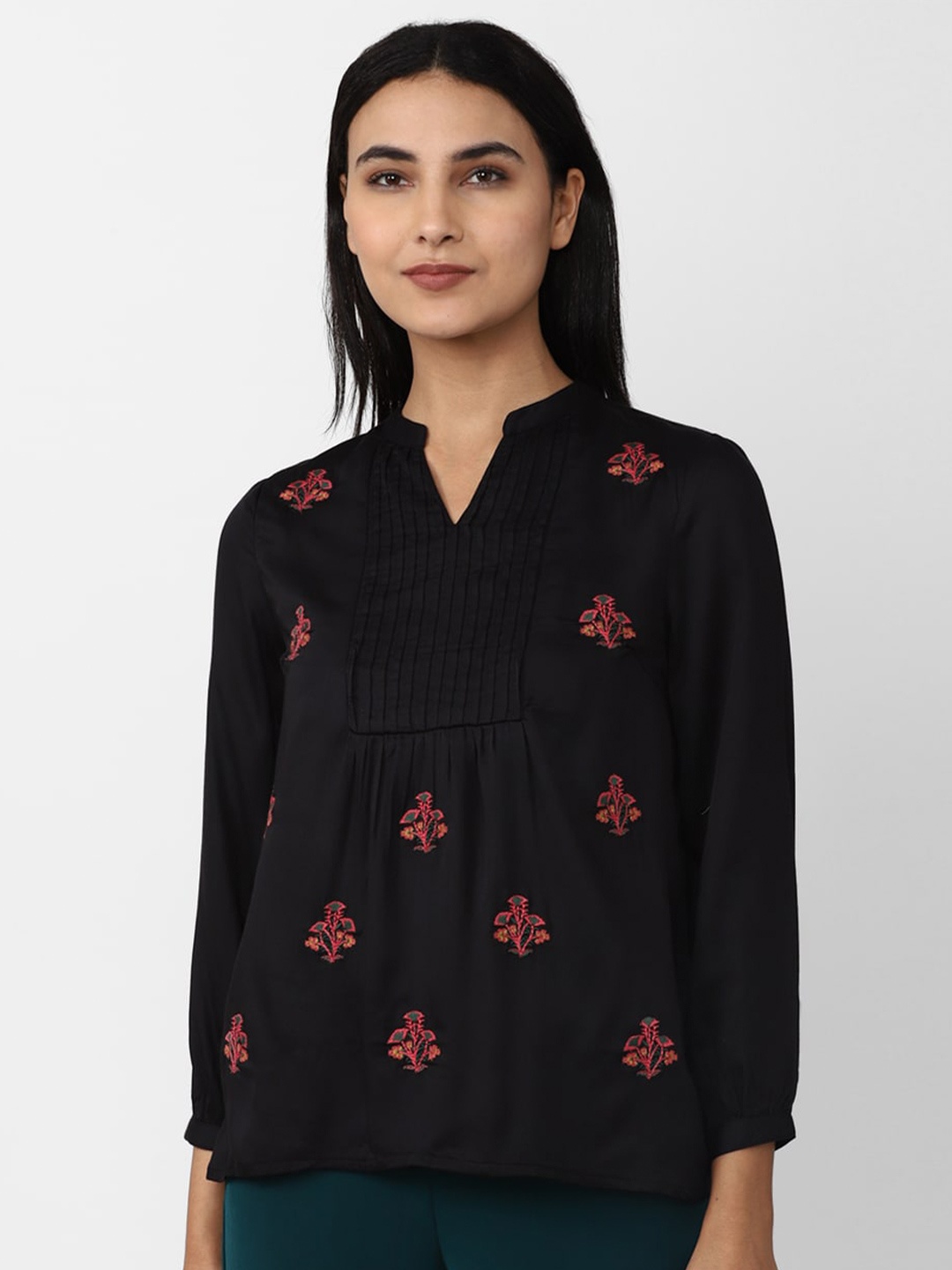 

Van Heusen Woman Floral Embroidered Mandarin Collar Top, Black