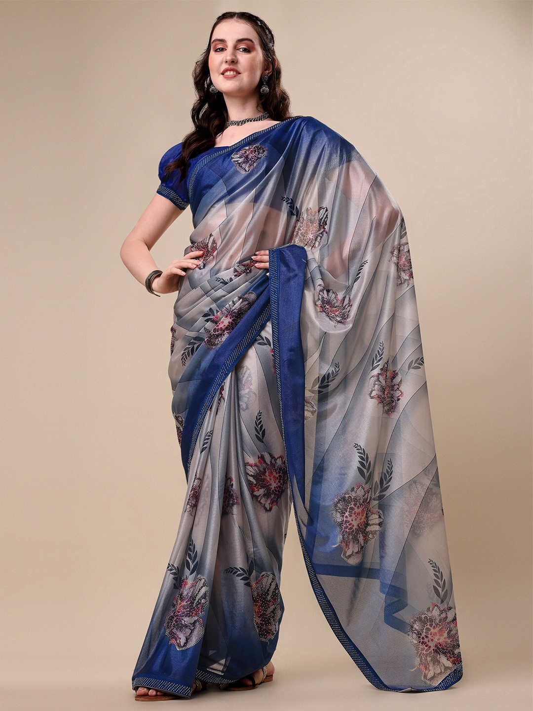 

Vaidehi Fashion Blue & Grey Floral Silk Blend Saree