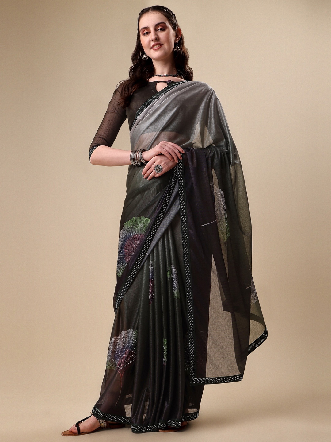 

Vaidehi Fashion Olive Green & Black Floral Beads and Stones Silk Blend Saree