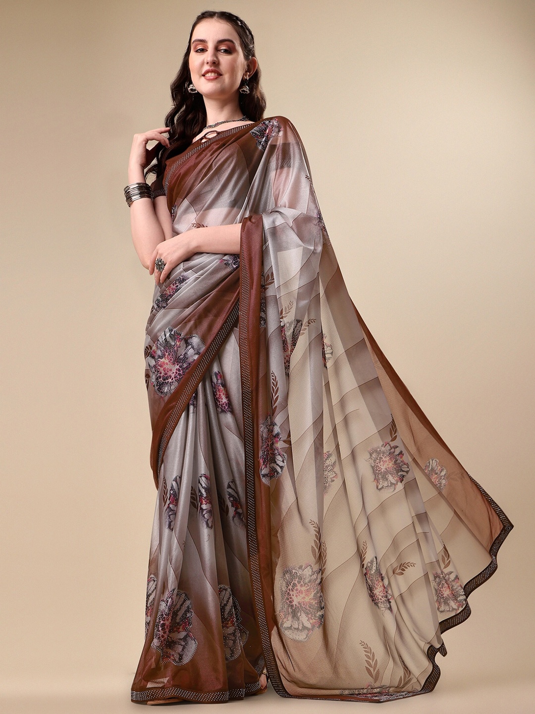 

Vaidehi Fashion Brown & Pink Floral Beads and Stones Silk Blend Saree