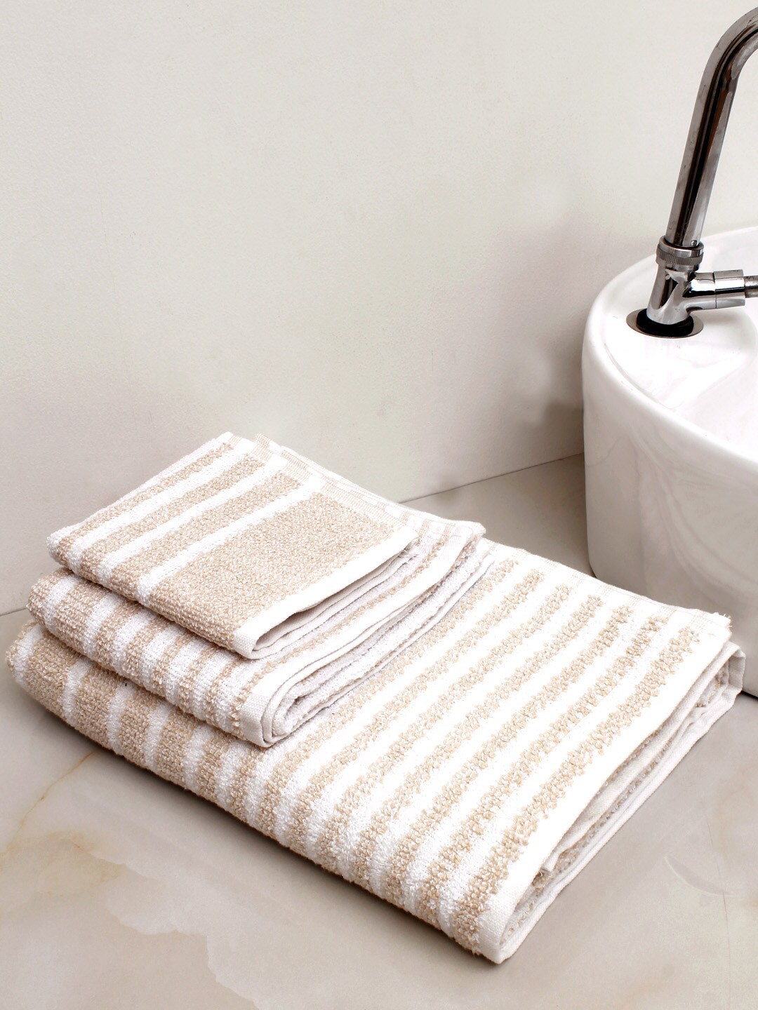 

AVI Living 3 Pcs Striped Beige & White 500 GSM Pure Cotton Towel Set