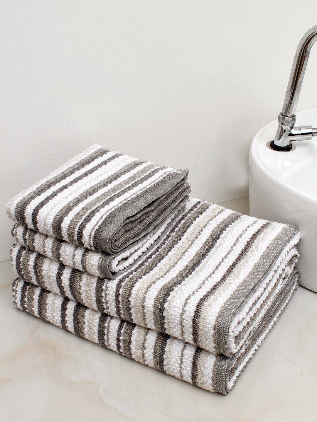 

AVI Living 4 Pcs Grey & White Striped Pure Cotton 450 GSM Towels